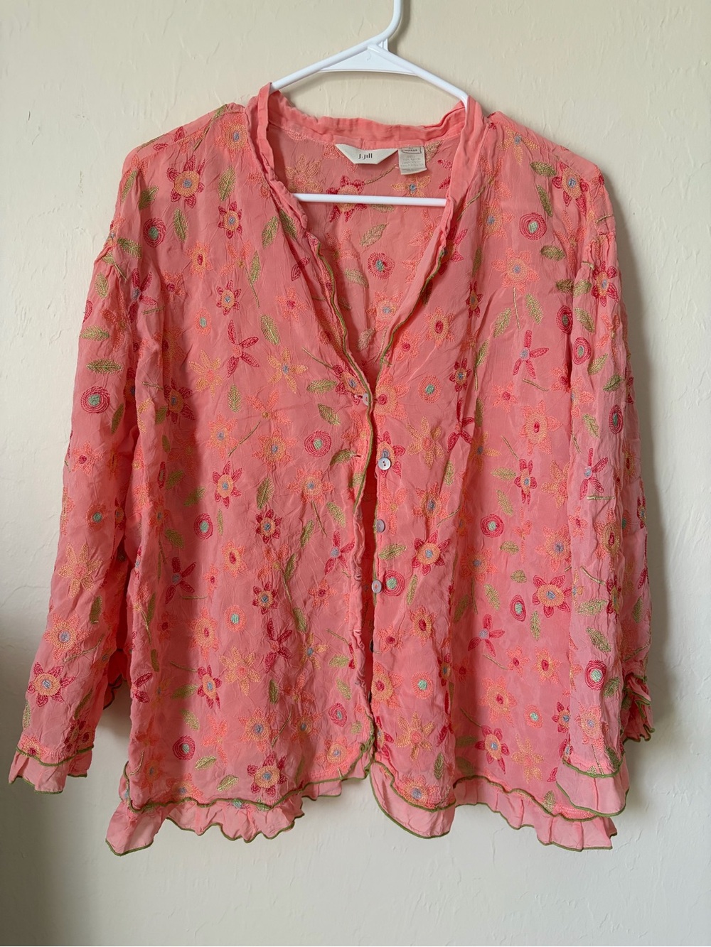 J. Jill Coral Pink Embroidered Button-Front Blouse